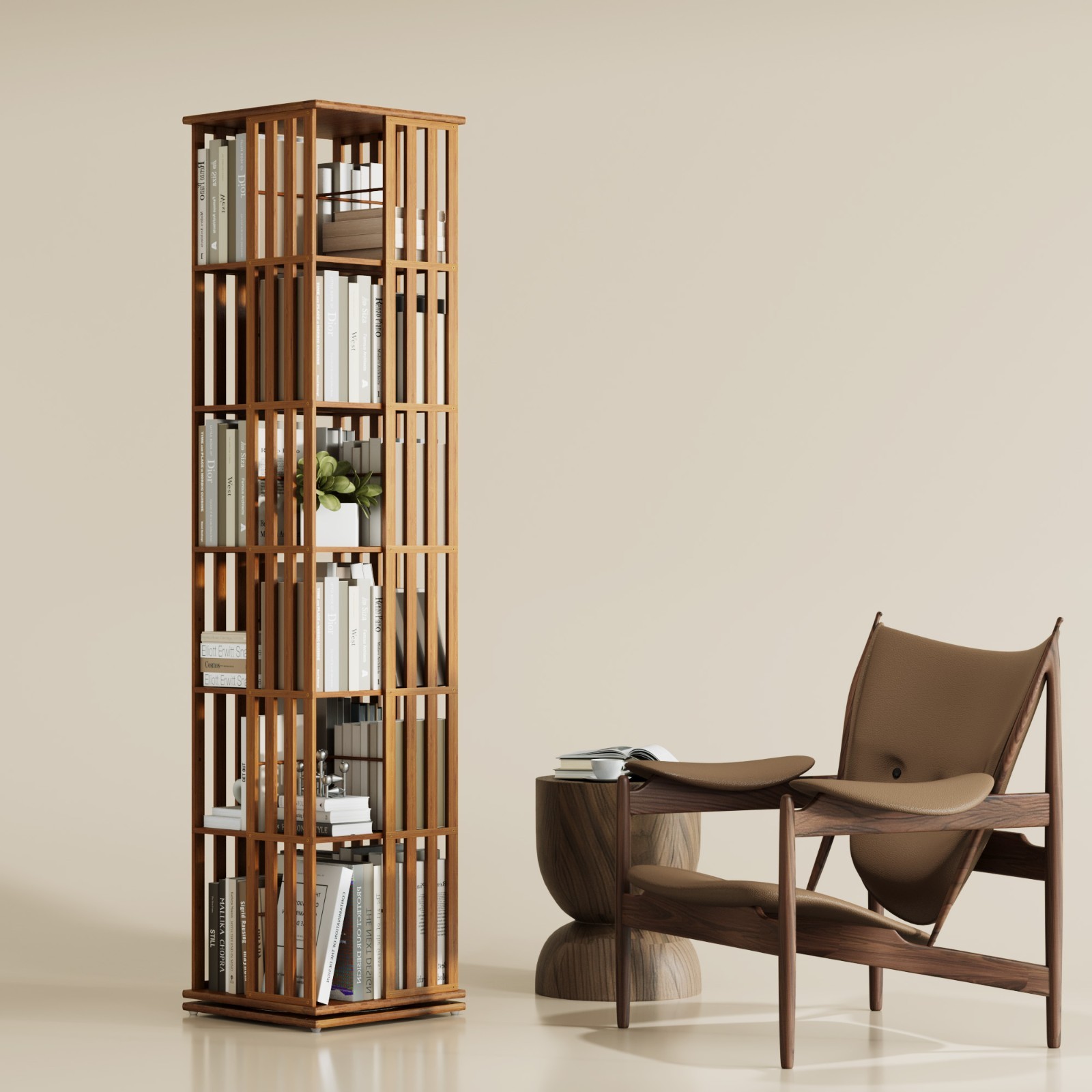 6-Tier Bamboo Rotating Bookcase Tower, 360° Swivel Bookshelf with Floor Storage