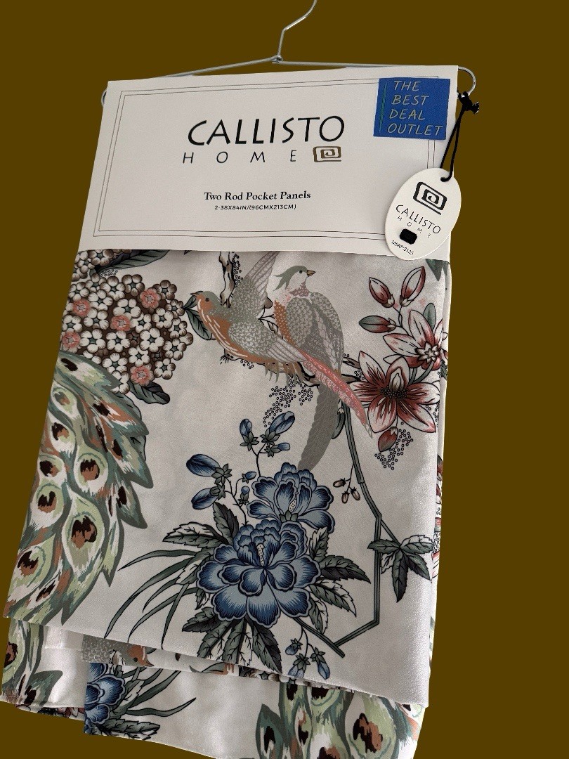 CALLISTO Window Curtains 2 Panels 38” X 84" Peacock Birds Drapers Back Top Ivory