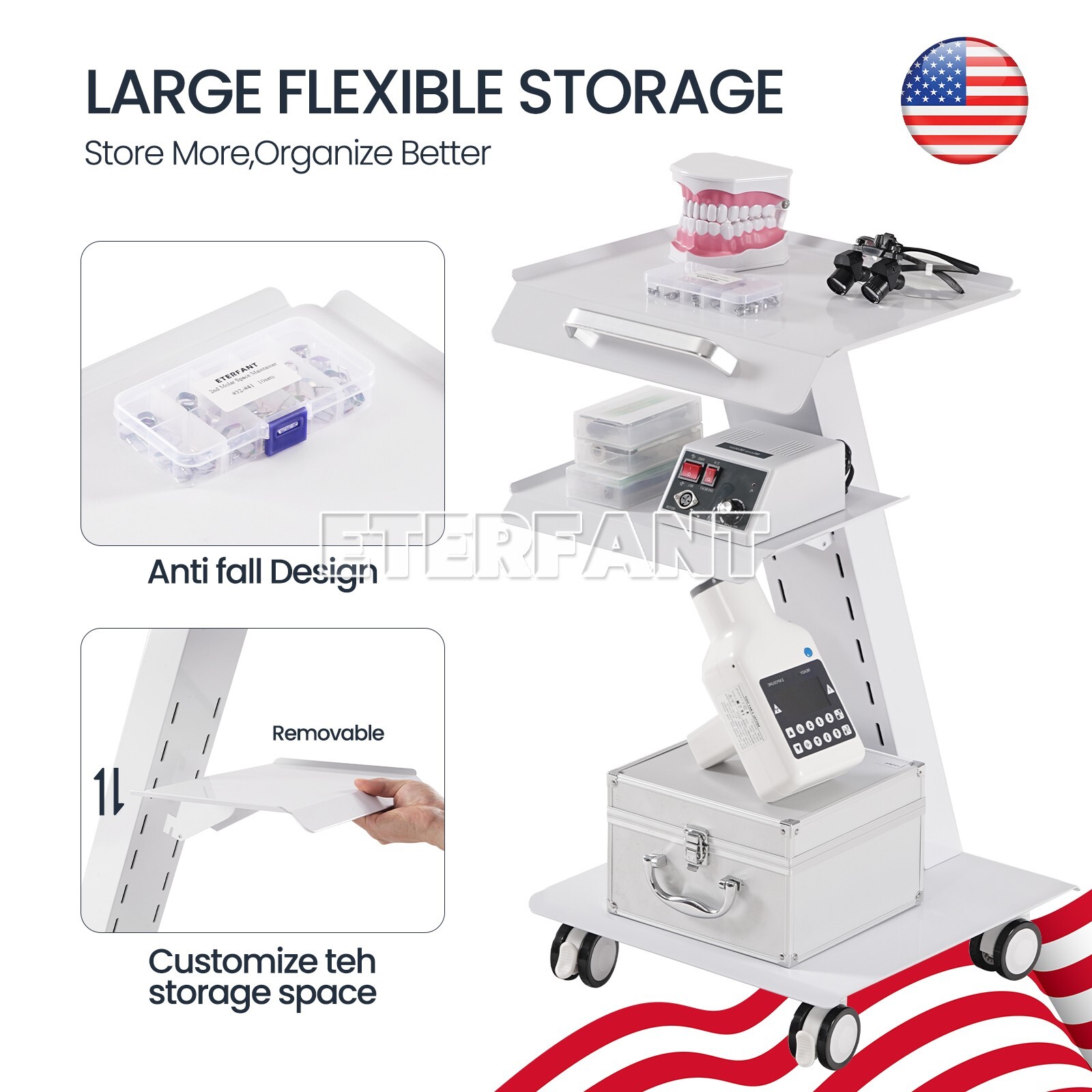 Dental Trolley Mobile Medical Tool Cart Lab Stand 4 Casters Three Layer Serving