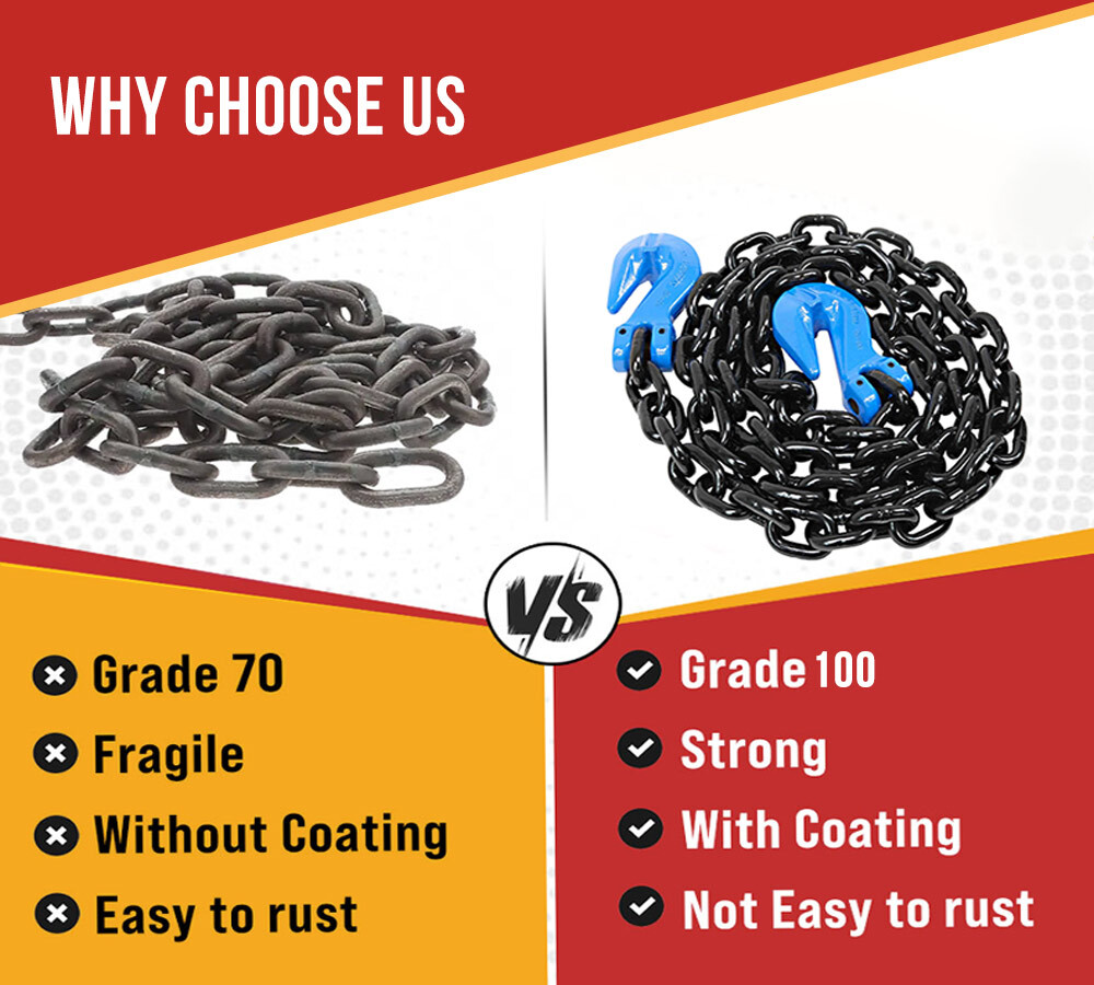 3/8" x 20' G100 High Grade Transportation Chain w/ Grab Hooks, 8800 lbs WLL