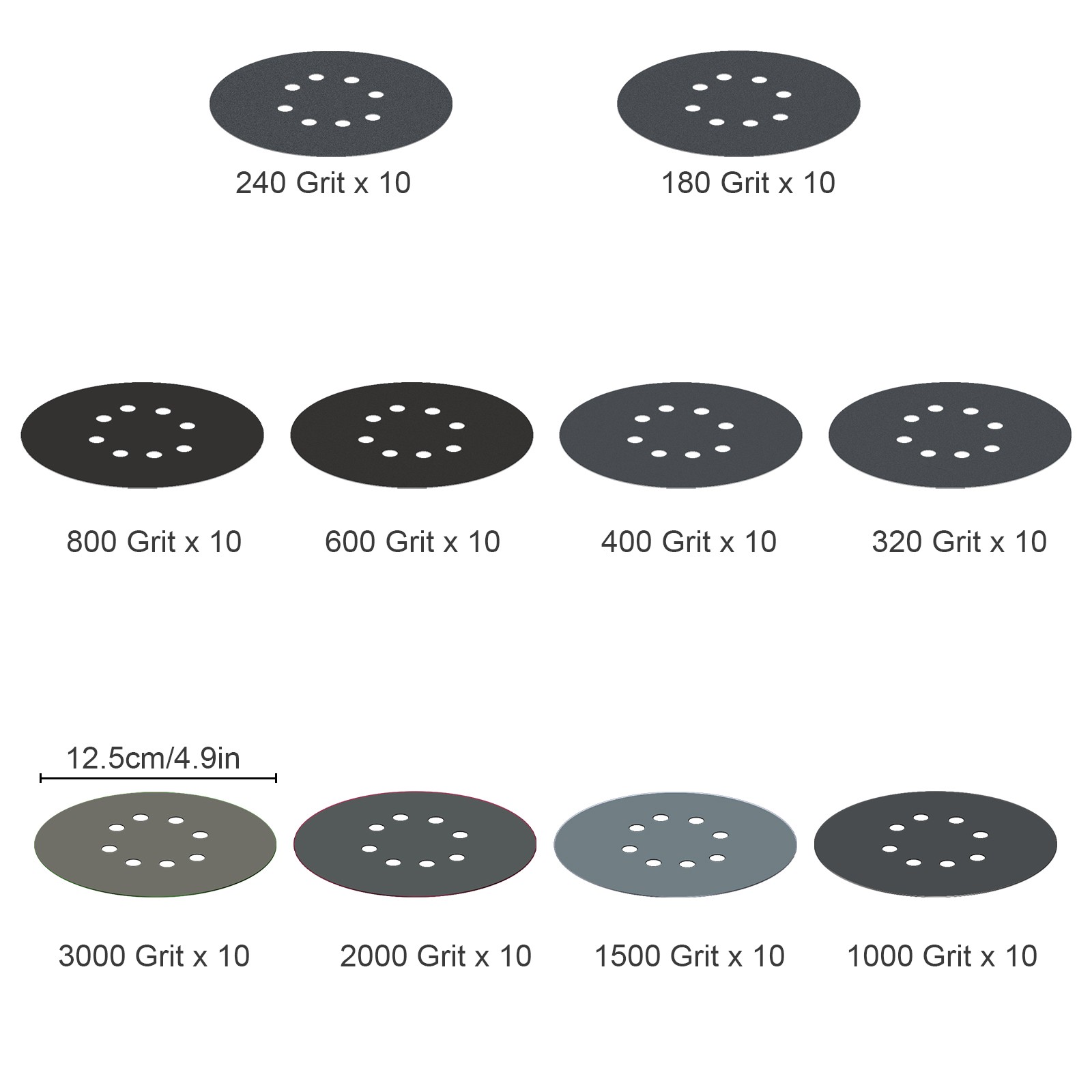 100PCS 5 Inch 8 Hole Sanding Disc Set 180-3000 Grit Hook Loop Wet Dry Sandpaper