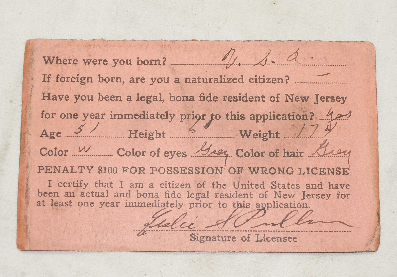 Vintage 1948 New Jersey Resident Hunting License Mercer County NJ resident