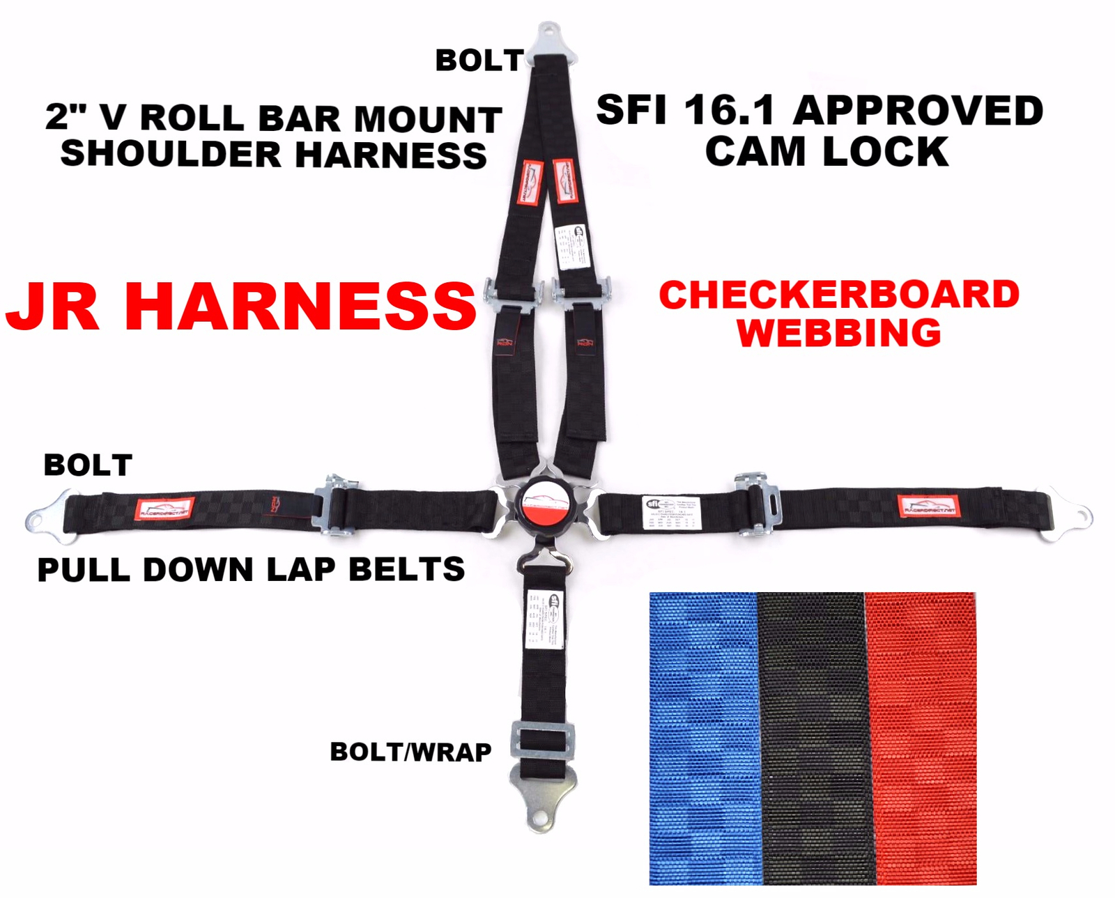 QUARTER MIDGET RACE HARNESS 5 PT CAM LOCK 2" SFI 16.1 V MOUNT BLACK CHECKERBOARD