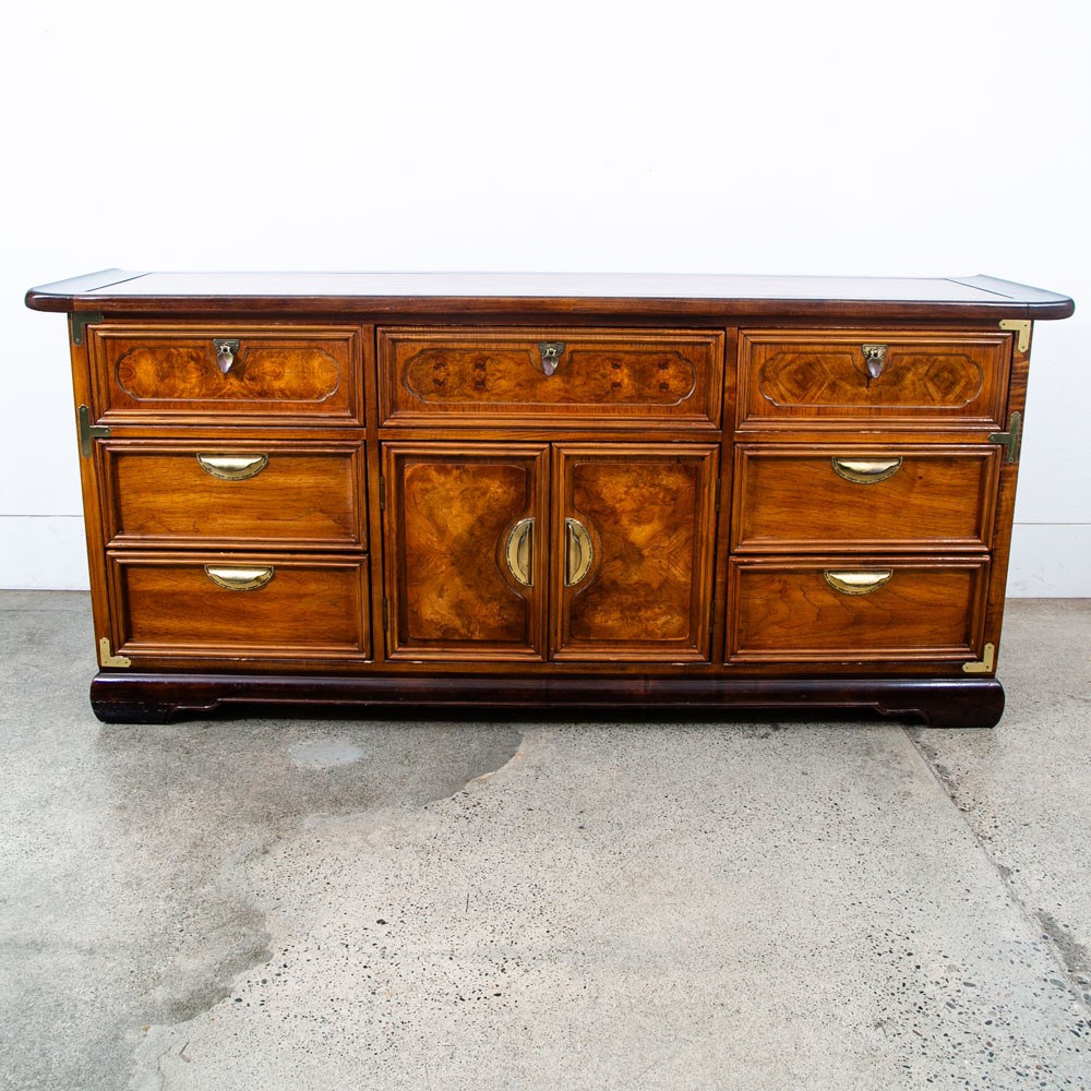 Mid Century Modern Dresser Credenza Walnut 9 Drawer Wood Brass Handle Mcm