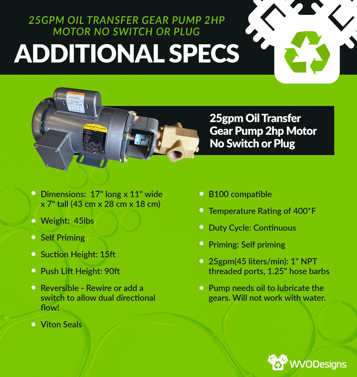 25gpm Oil Transfer Gear Pump with 1HP motor (No Switch, Plug, or Handle)