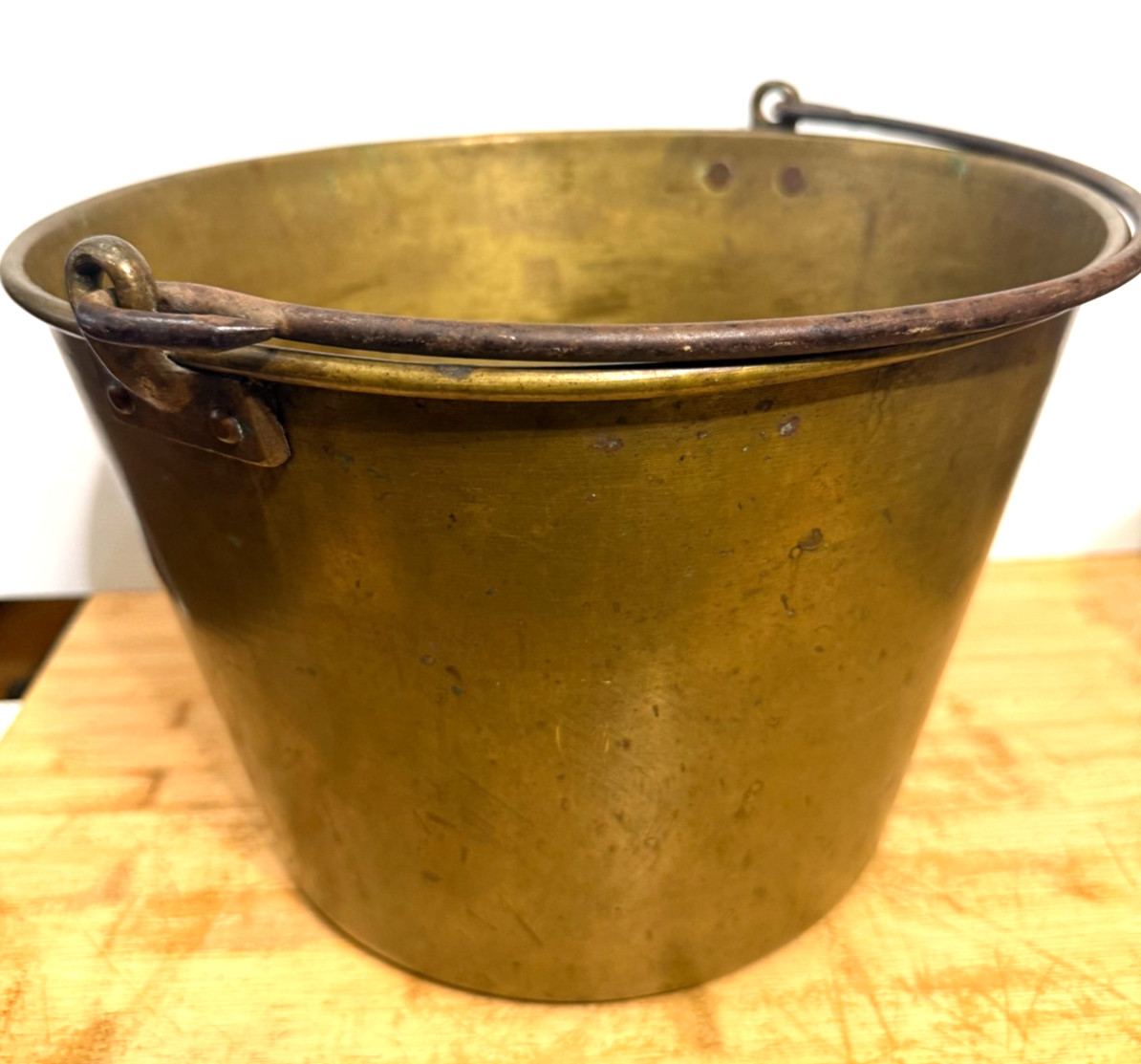Antique HW Hayden Brass Bucket 1851 Patent Spun Brass Pail Iron Handle 1866
