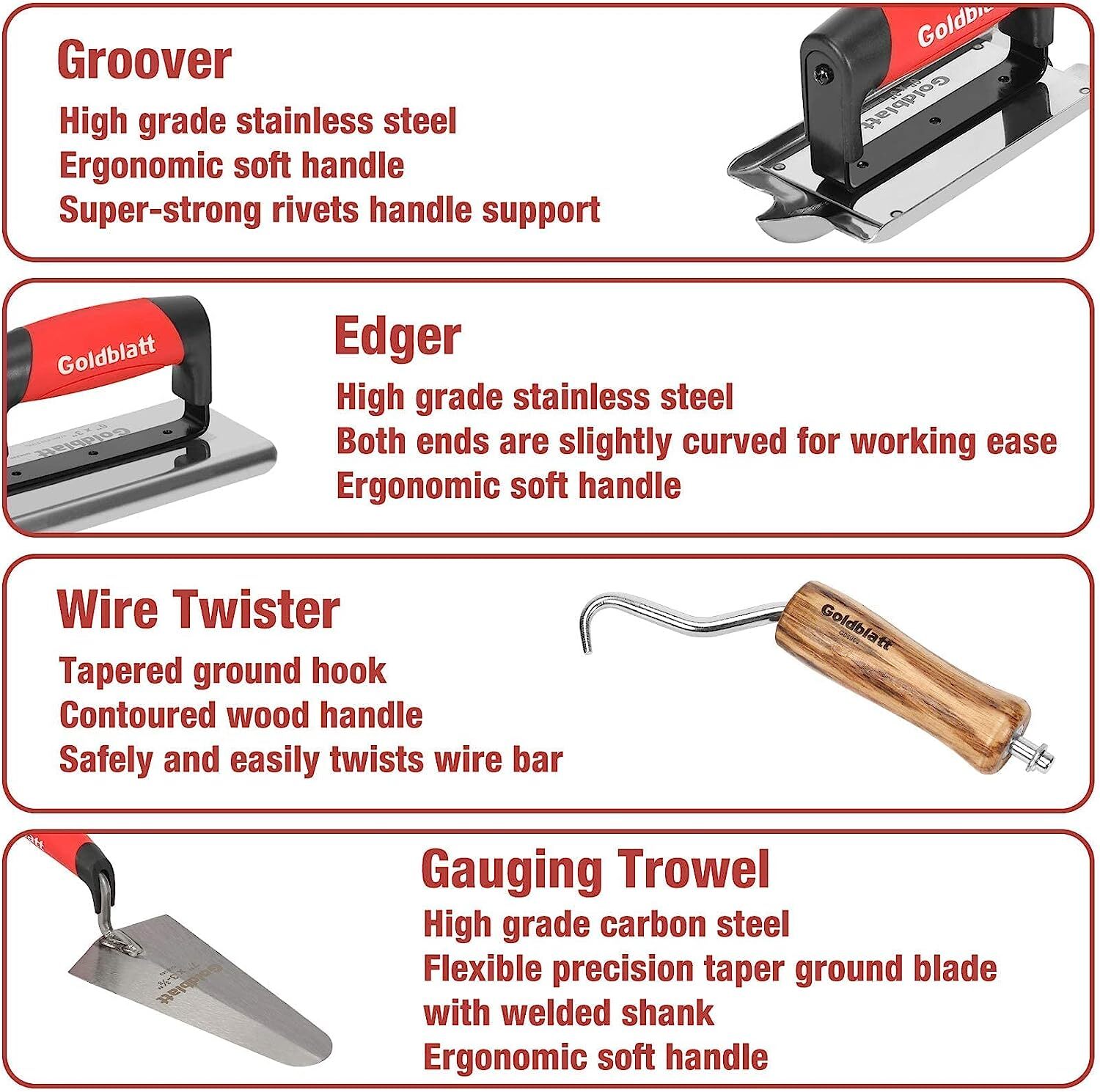 Goldblatt 8 Piece Masonry Hand Tool Set & 2 Pieces Stainless Steel Trowel Set