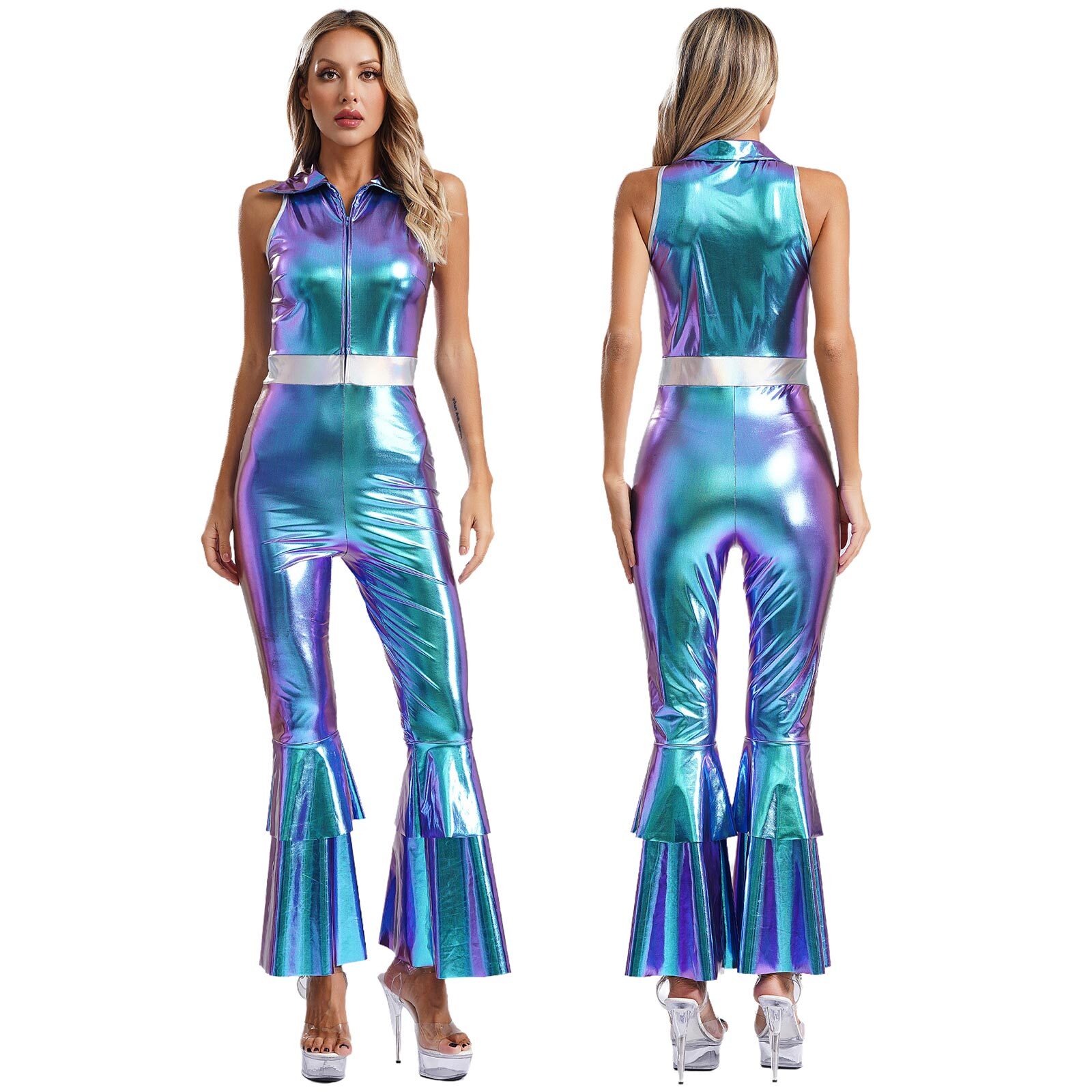 US Womens 70s Disco Costume Shiny Metallic Sleeveless Flared Jumpsuit Bodysuit