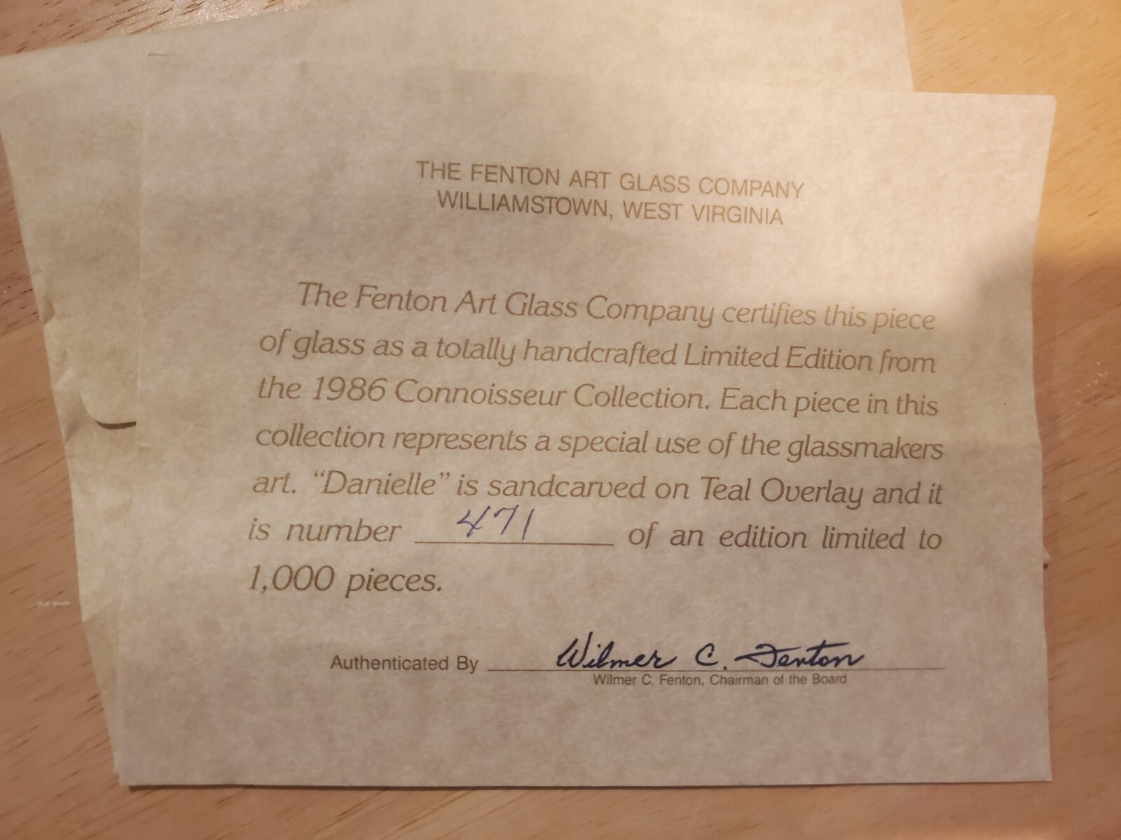 Fenton 1986 Sand carved Teal Vase Connoisseur Collection "Danielle"