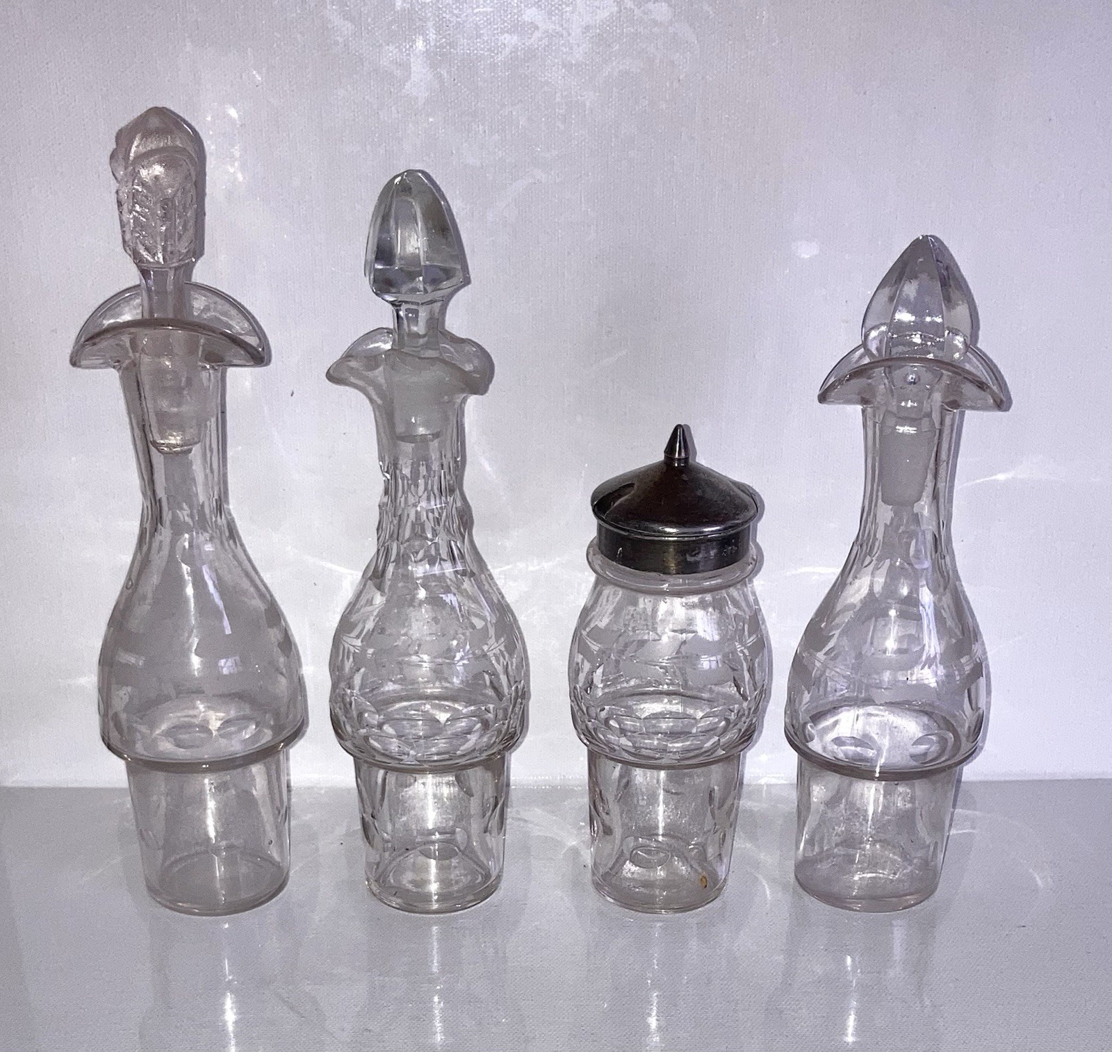Vintage Etched Glass Cruet Silver-plate Castor Set Condiment Caddy Shaker Stand