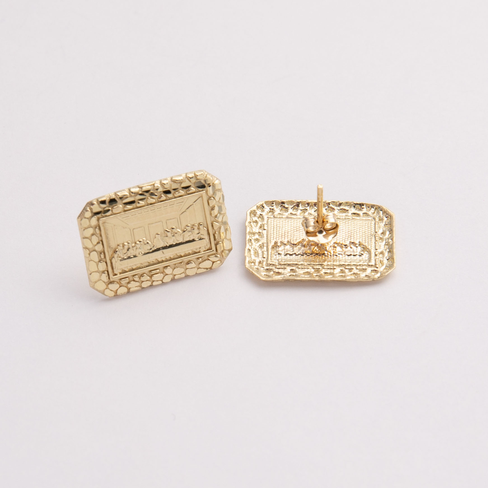 Solid 10K 1/2" Diamond-Cut Last Supper Nugget Stud Earrings Yellow Gold All Size