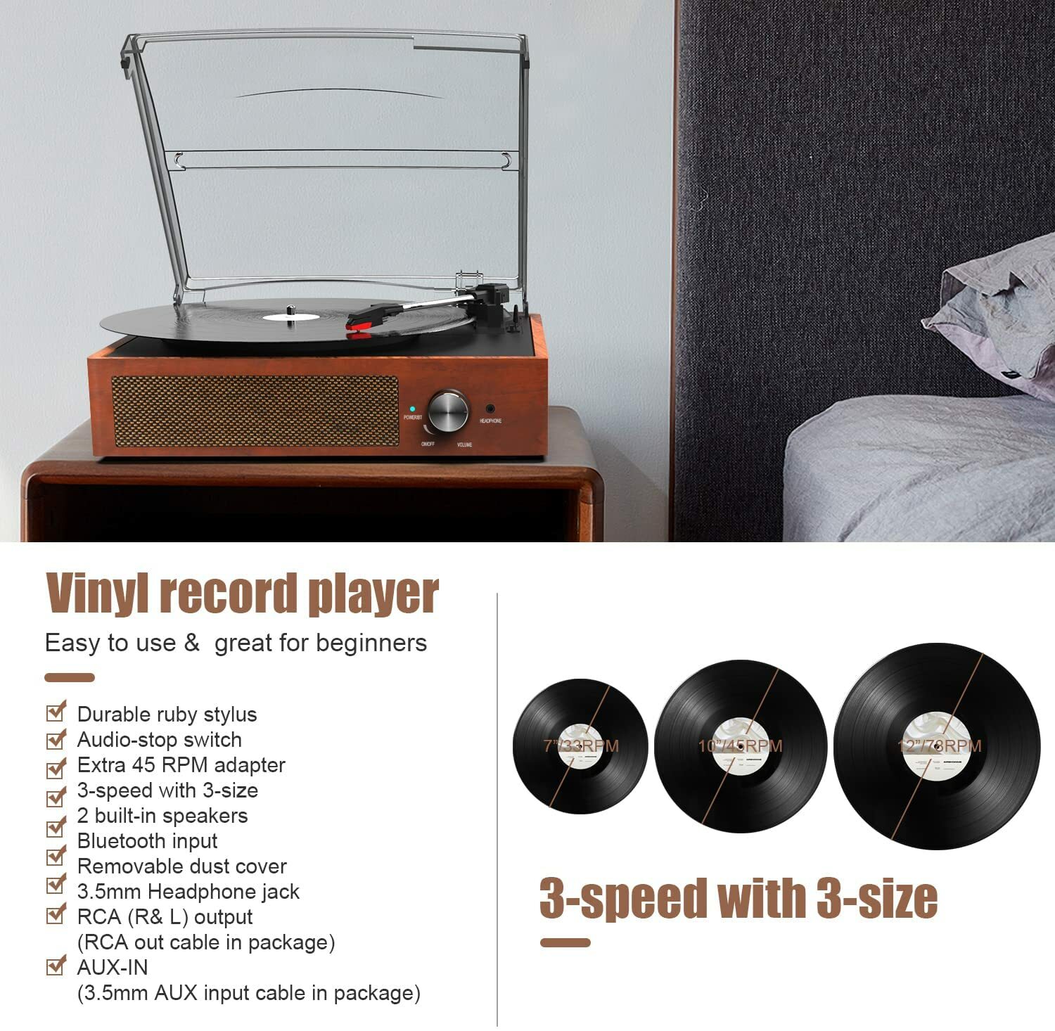 Bluetooth Record Player Belt-Driven 3-Speed Turntable, with Headphone Jack