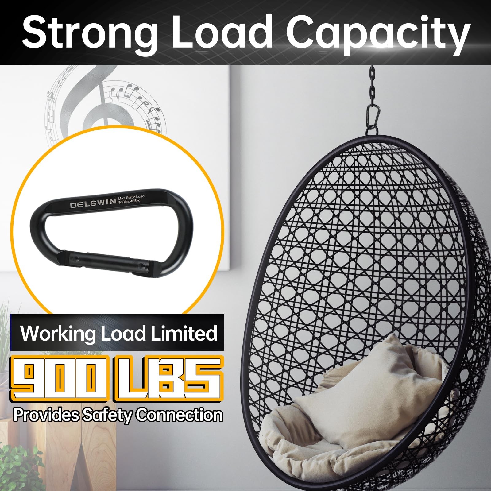 Heavy Duty Black Carabiner Clip - 900lbs 3" Steel Carabiners, Large D-Shaped ...