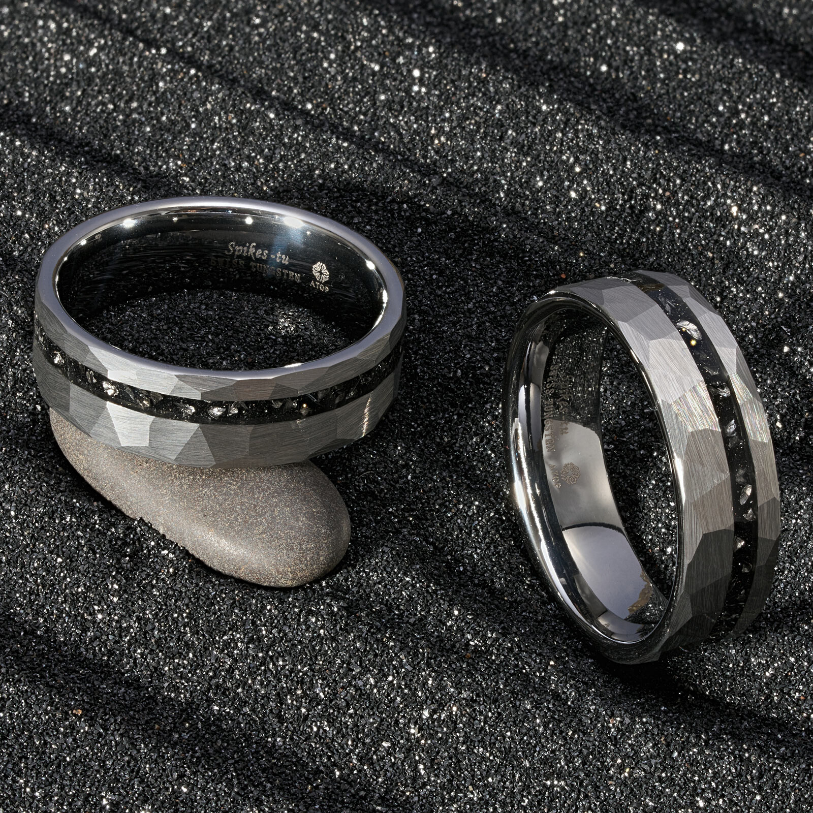 8mm Sliver Meteorite Tungsten Ring Black Line Mens Wedding Band ATOP Jewelry