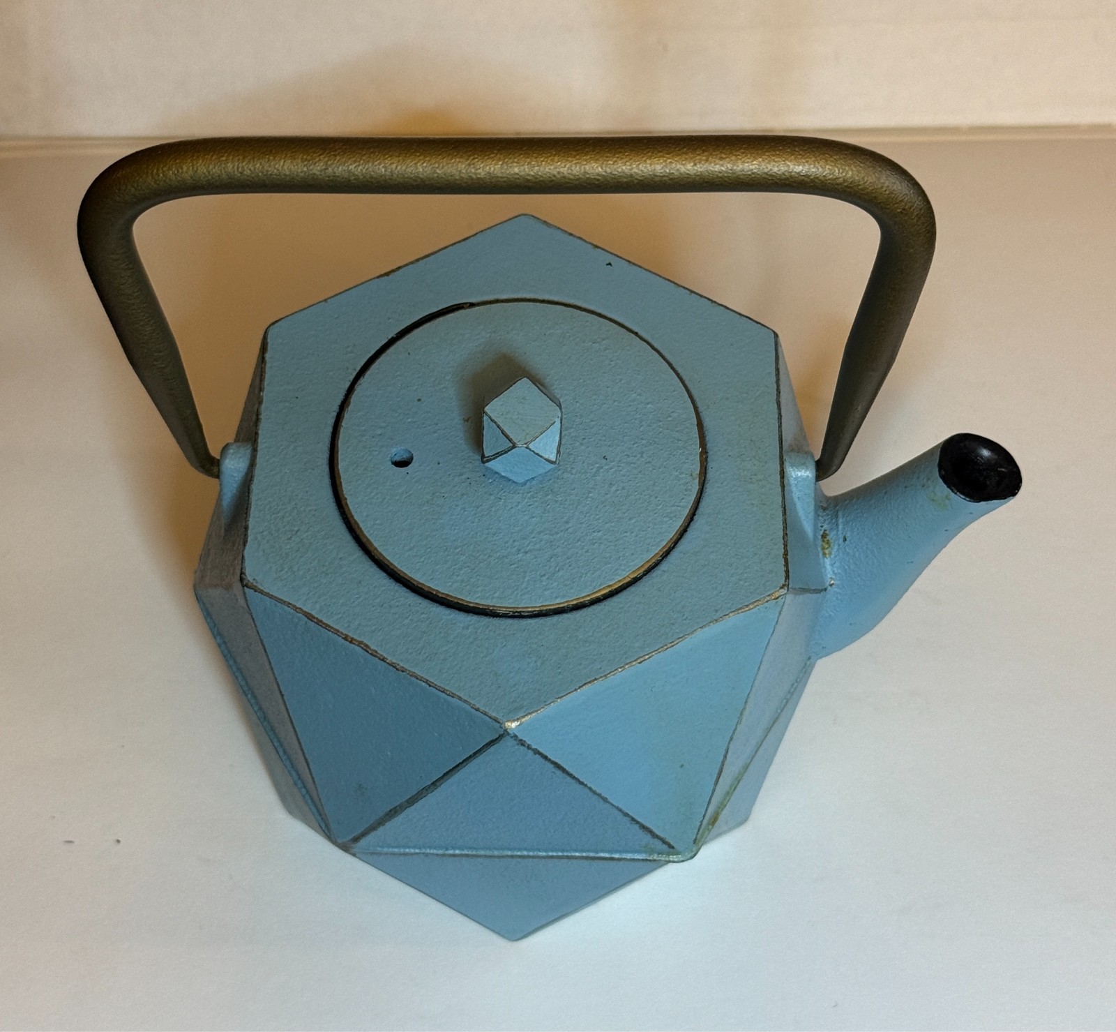 Japanese Tetsubin Cast Iron Blue Diamond Geometric Tea Kettle Stovetop w Infuser