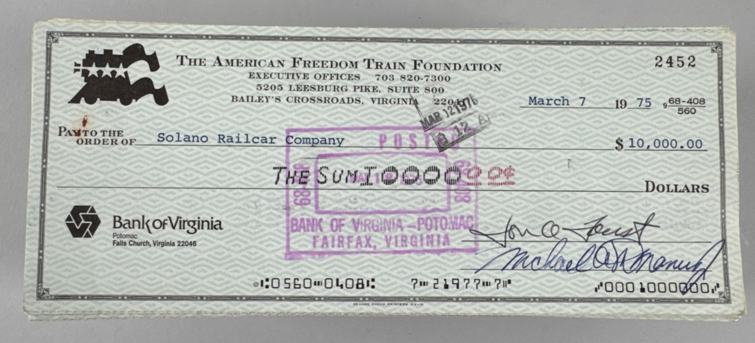 Lot of 650 Bank of Virginia American Freedom Train Foundation Checks 1975