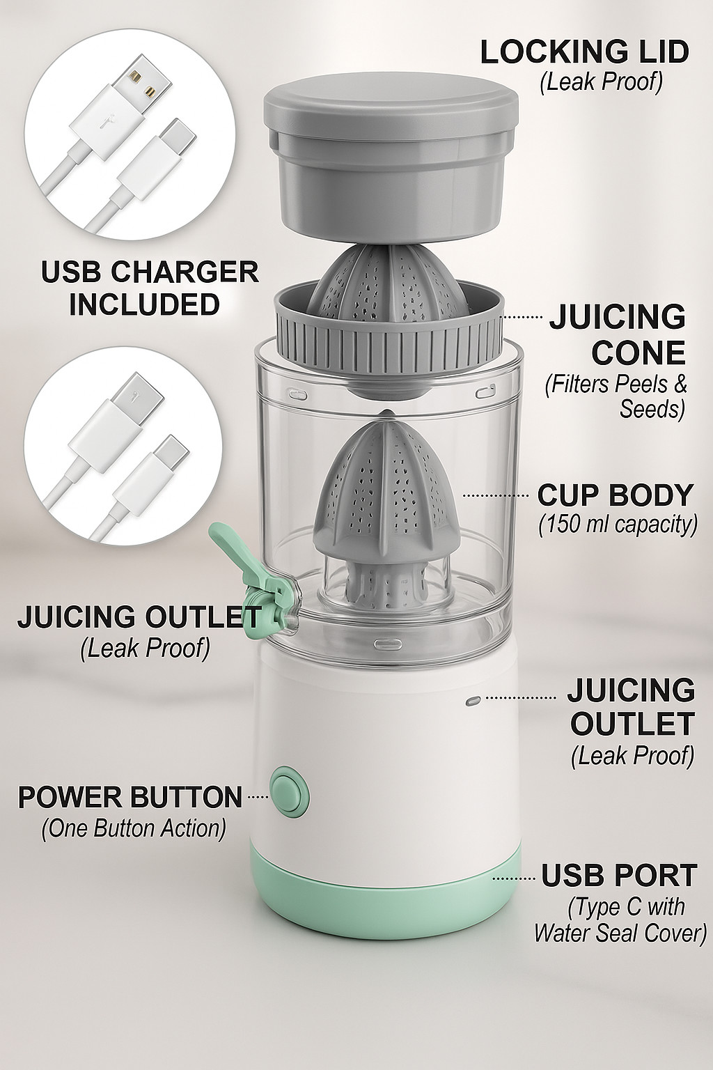 Electric Citrus Juicer Rechargeable Hands-Free Masticating Orange Lemon Squeezer