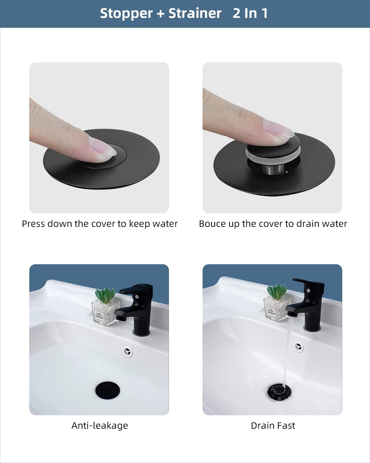 2PC All Metal Universal Bathroom Sink Stopper, for 1''~1.8'' Basin Pop Up Sink