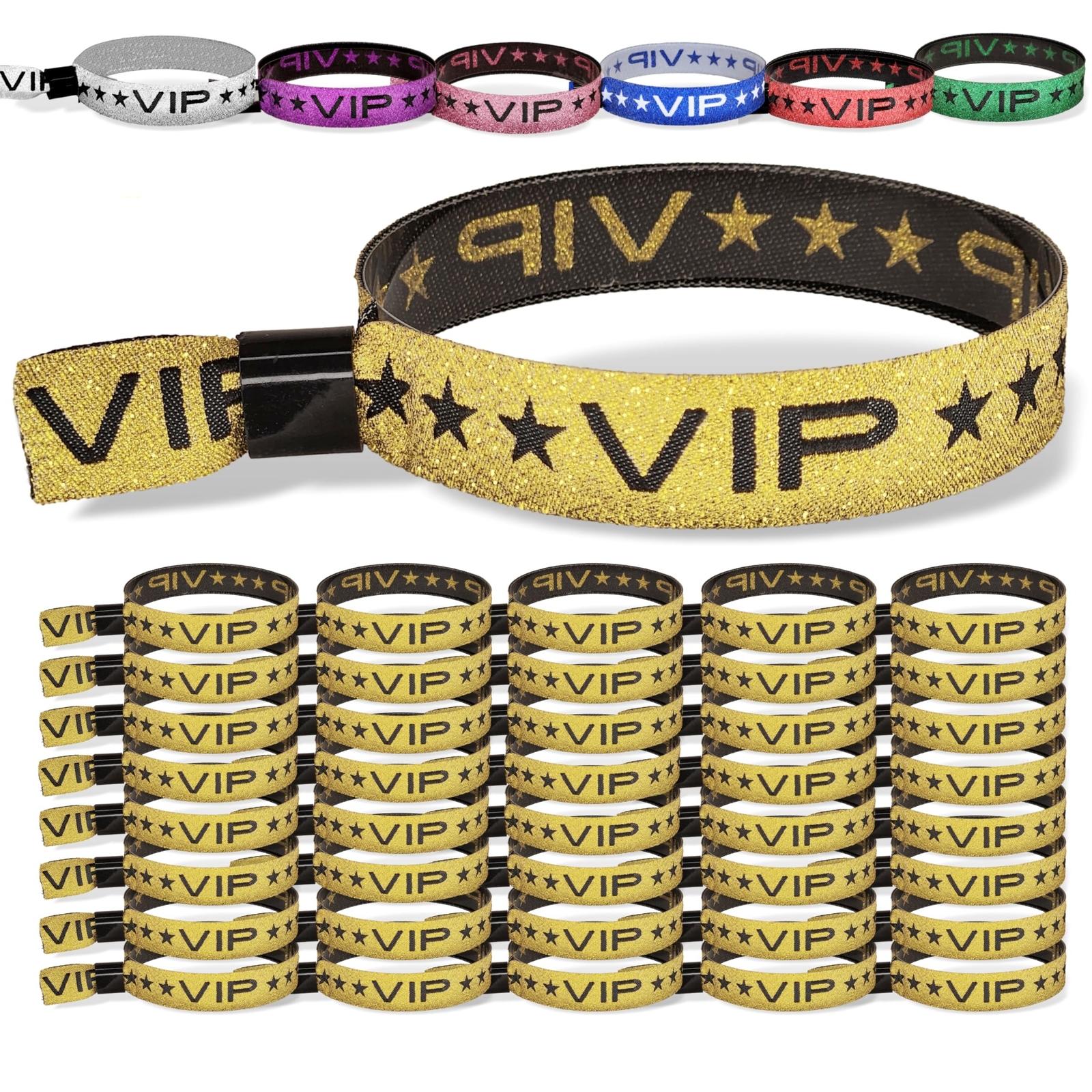 110 Pack Glitter Gold VIP Party Wristbands with Secure Locking Clip. Must Hav...