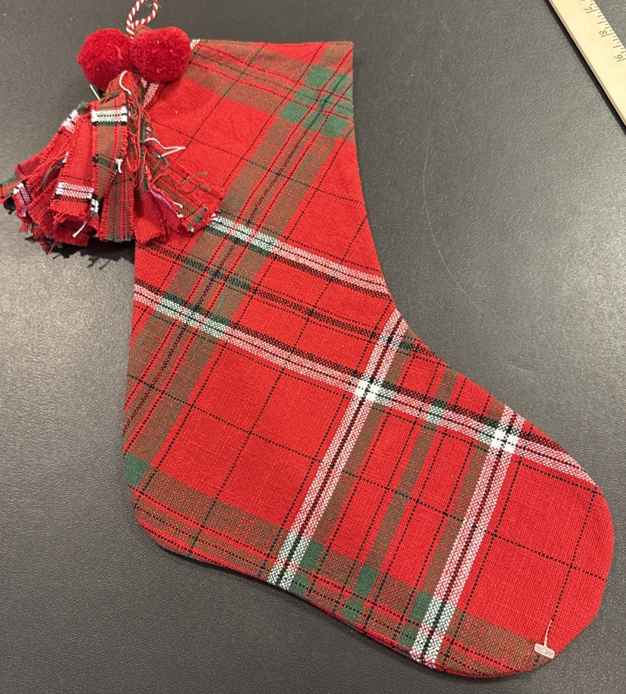 Tag Sleigh Ride Plaid Pom Pom Tassel Holiday Christmas Stocking 17 Inch NEW