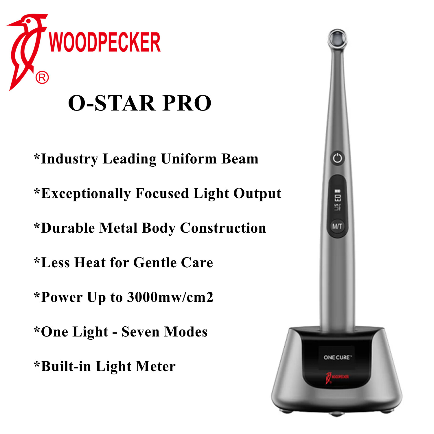 Woodpecker O-Star Pro Dental Curing Light 1 Second Cure Wide Spectrum 3000mW/cm²
