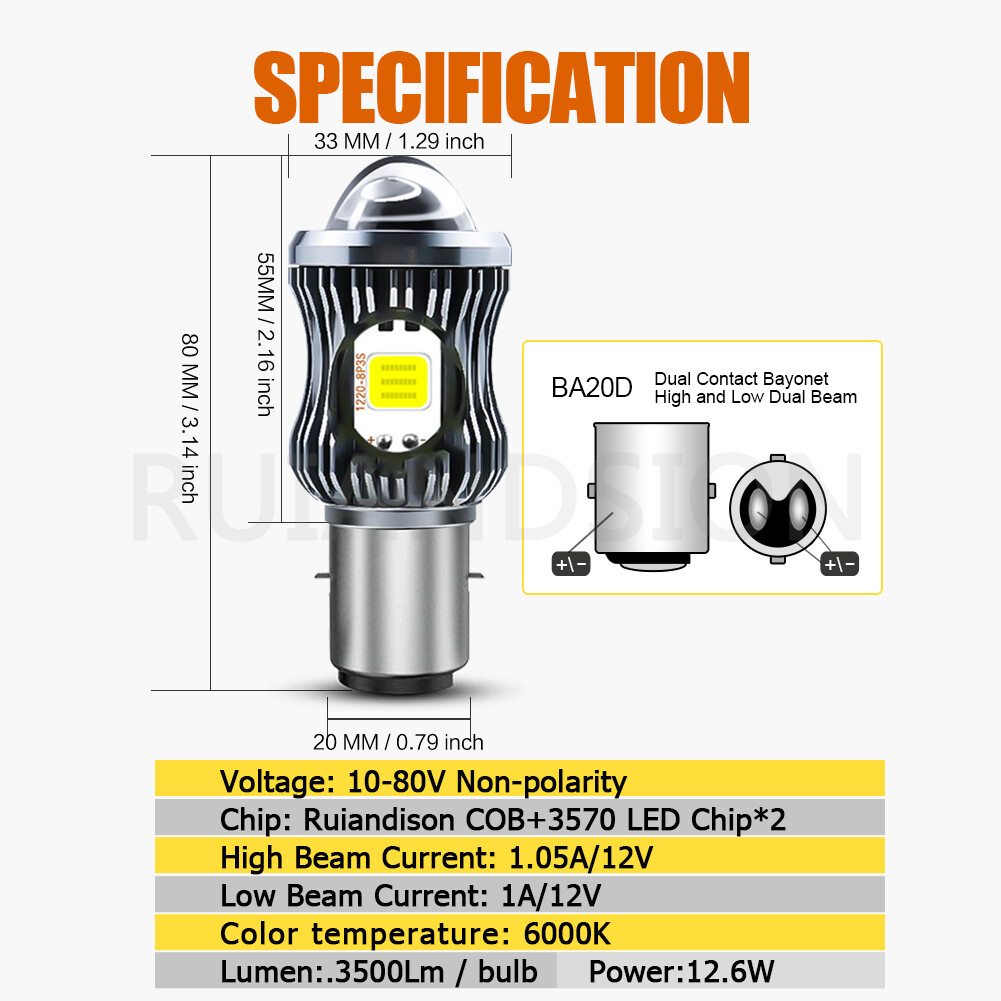 1pc BA20D H6 LED Motorcycle Headlight Bulb S1 S2 Hi Lo Beam DRL Lamp 10-80V