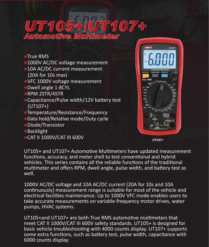 Automotive Digital Multimeter UNI-T UT105+ TRMS LPF Dwell Angle RPM Temp Tester