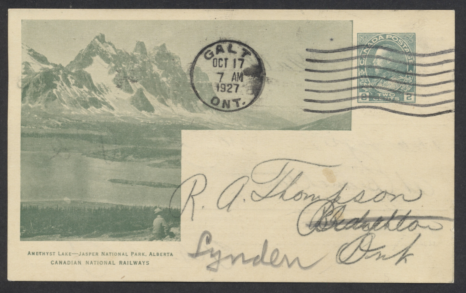 1927 Canada CNR B2 Amethyst Lake Jasper View Card Admiral Used Freight Advice