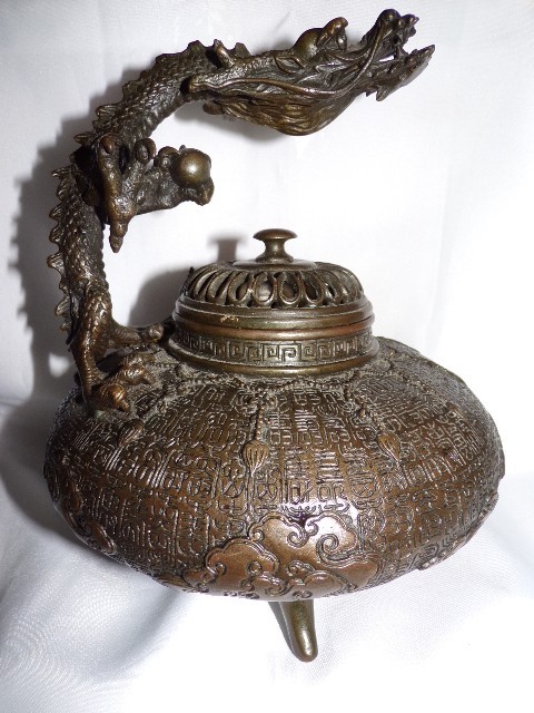 Antique Chinese Bronze Dragon Incense Burner Censer 9"