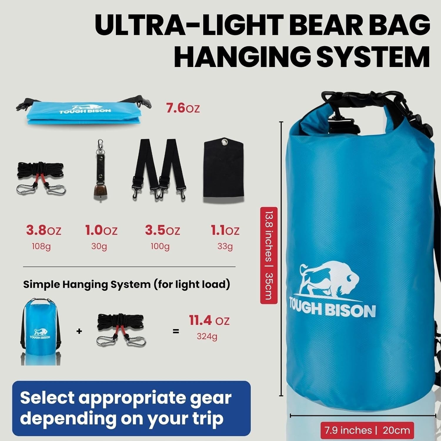 Bear Bag Hanging Kit 10L Waterproof Bear Proof Food Storage Bag, 2 Straps BLUE