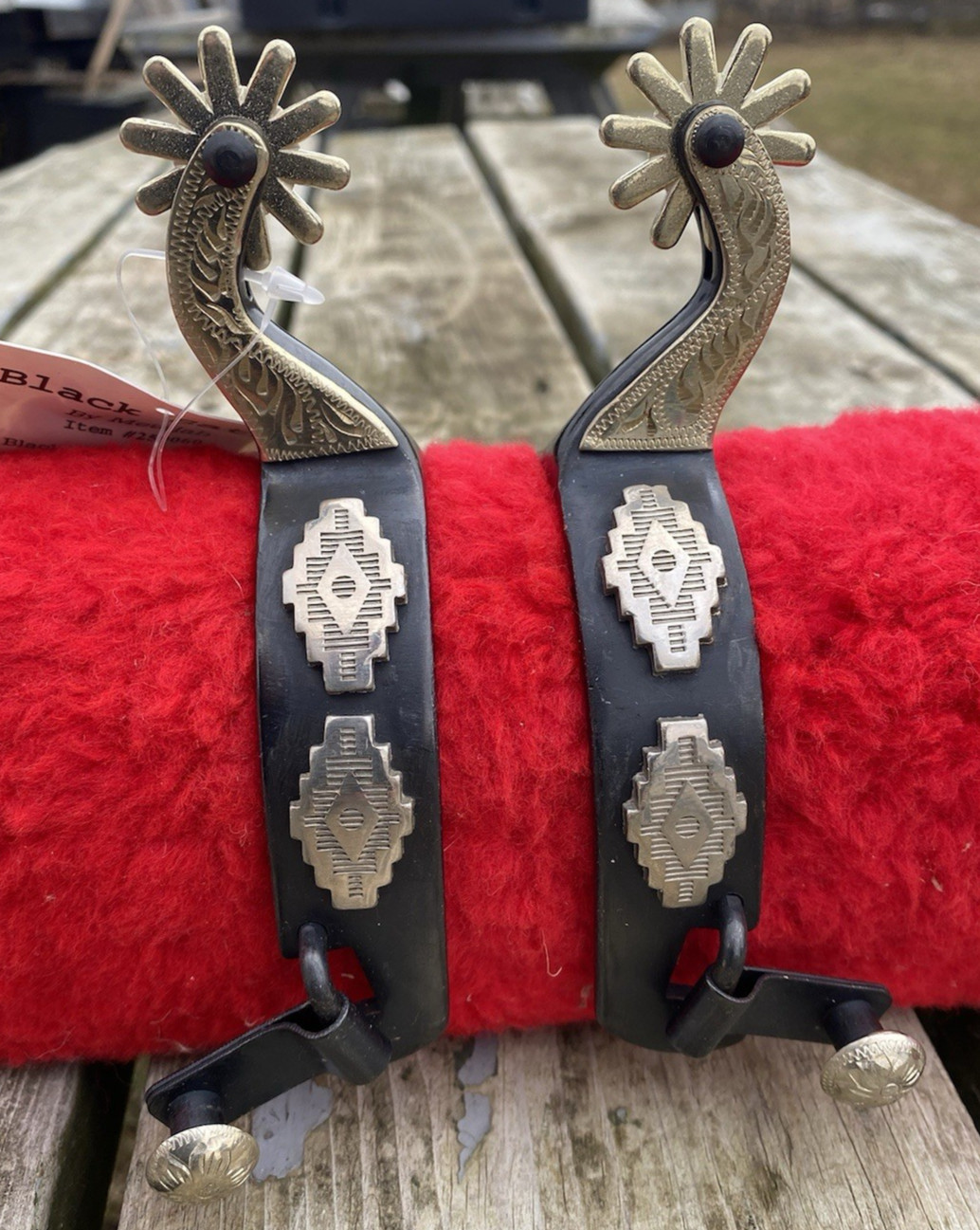 Men's Partrade/Metalab Black Western spurs w/German silver Aztec trim