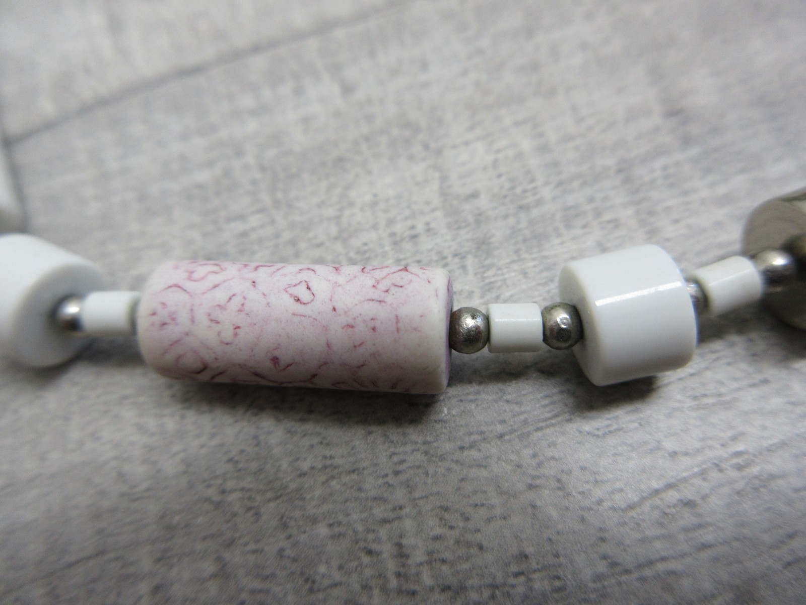 Ceramic Beads Necklace White Pink 24 Inches Native American Inspired Design