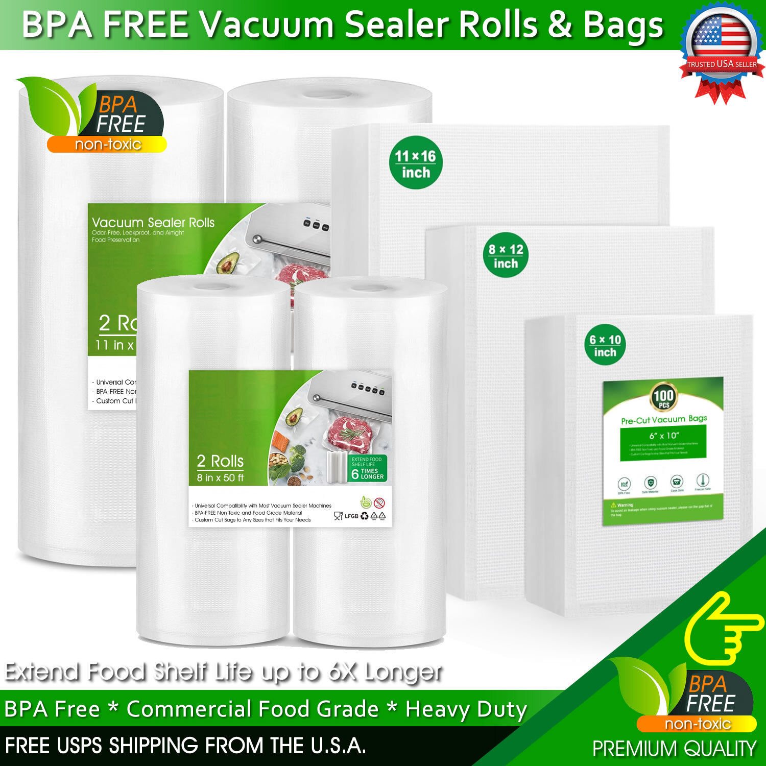 Vacuum Sealer Bags Rolls Jumbo 4Mil Food Saver Bag 8"x50' 11"x50' 8"x20' 11"x20'