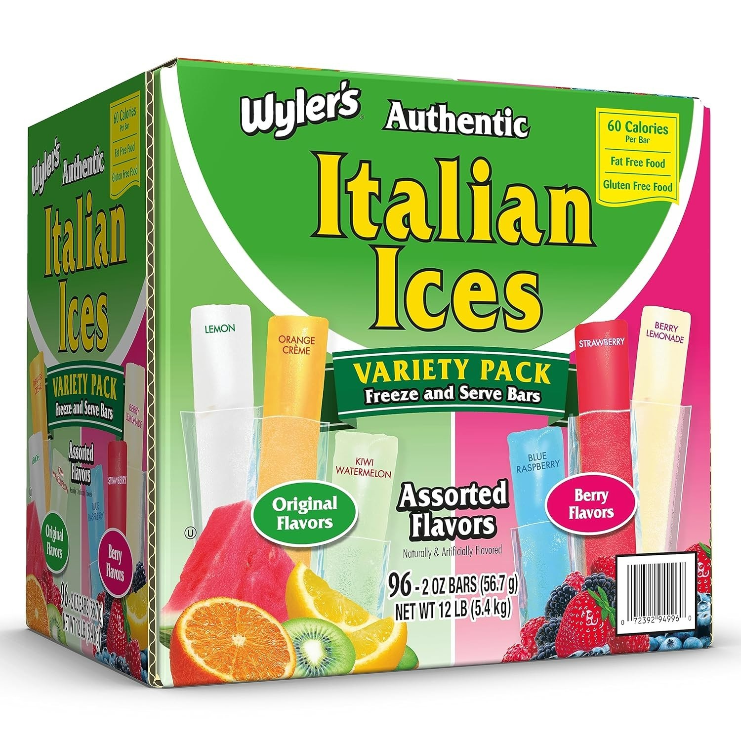 Wyler's Authentic Italian Ice, Fat Free Freezer Bars, Assorted Flavors 96ct