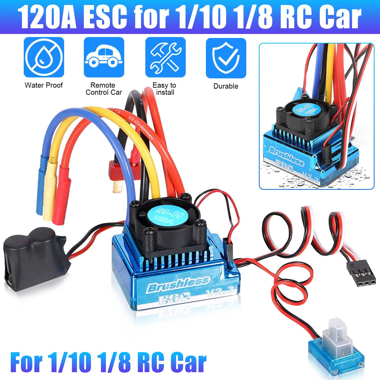 120A Waterproof Brushless ESC For 1/10 1/8 RC Car Electric Speed Crawler Motor