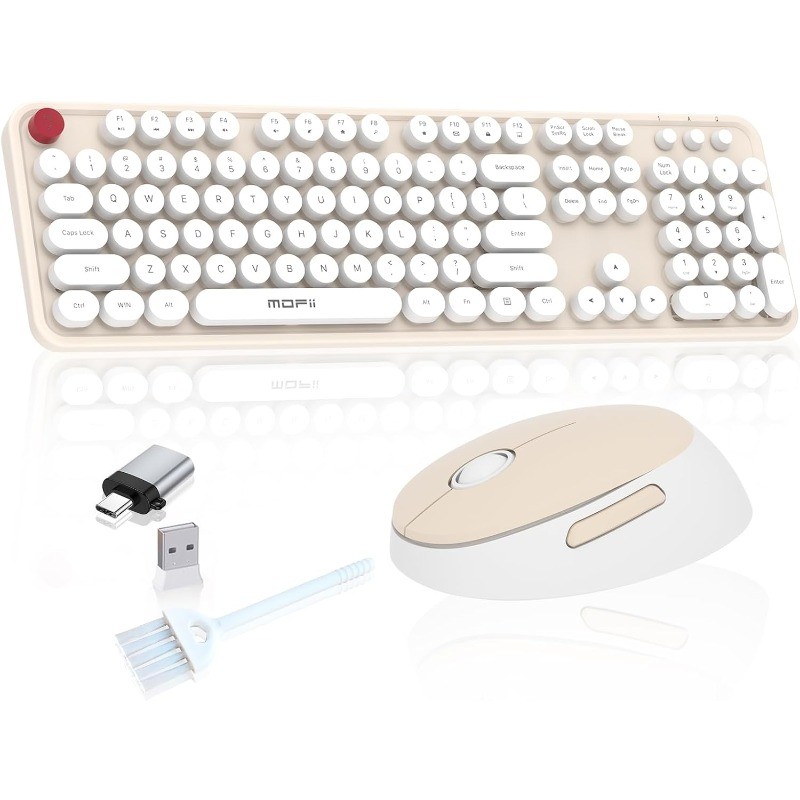 Full-size Wireless Keyboard and Mouse Bundle with OTG & Brush (Creamy)