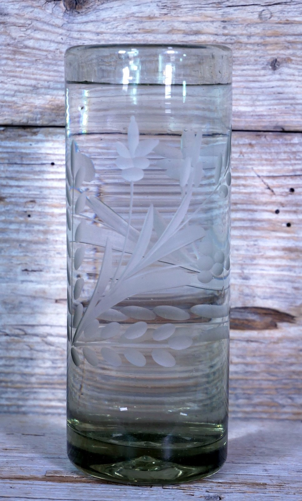 Set of 4 Tall Lemonade Glasses Handblown Hand Etched Pale Green Mexican Folk Art