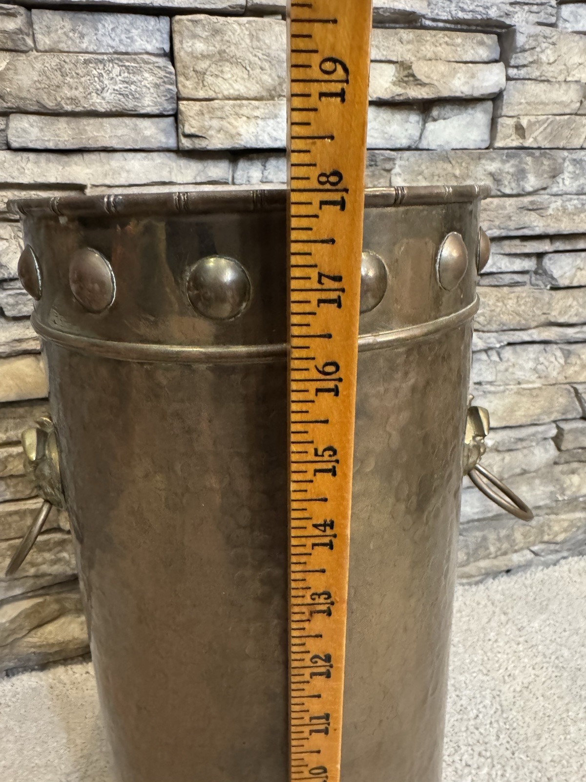 18" Tall Vintage Hammered Brass Umbrella Stand With Lion Head Handles Hong Kong