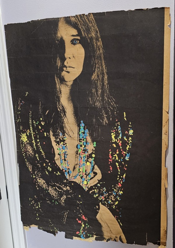 Vintage Janis Joplin Black & White Poster Altered Hand Painted Blacklight Paint