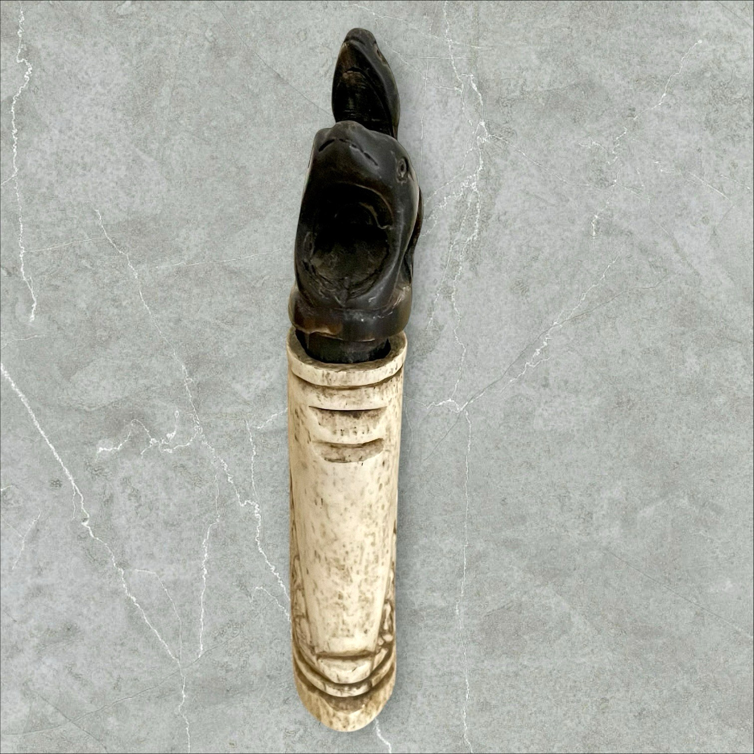 Vintage African Carved Antler Container Snuff Bottle 6.5" x 1.5" Frog Stopper