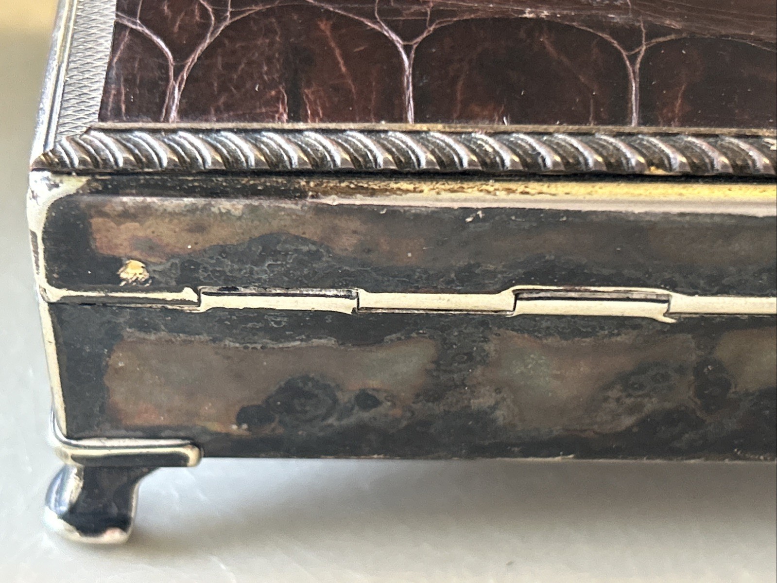 Aristocrat Silver Plate w/ Crocodile/ Alligator Top Cigarette Box Wood Lining