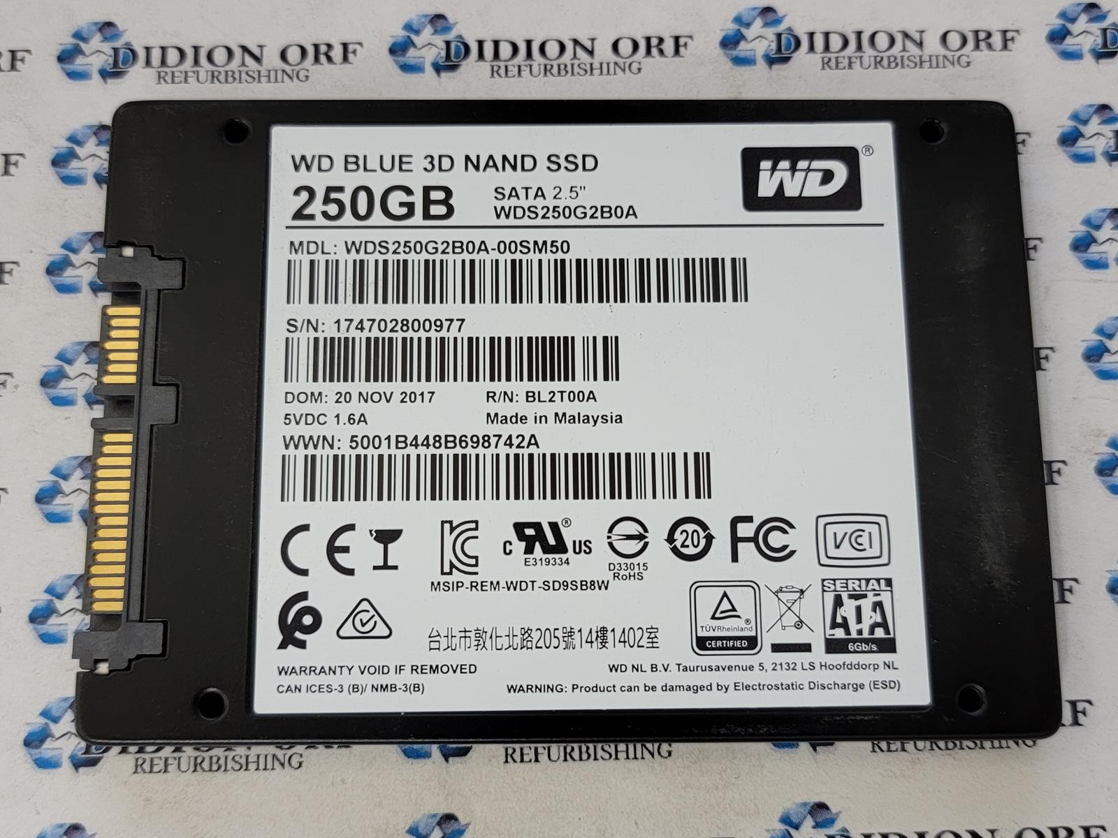 WD BLUE 250GB 2.5" SATA SSD WDS250G2B0A-00SM50, Grade A+, SKU 5895