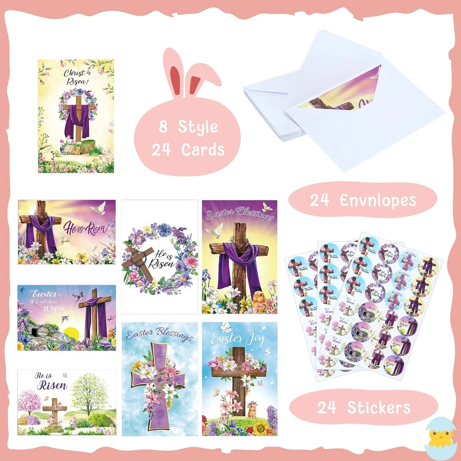 Easter Greeting Card Set with Envelopes and Stickers - 24 Religious Cards