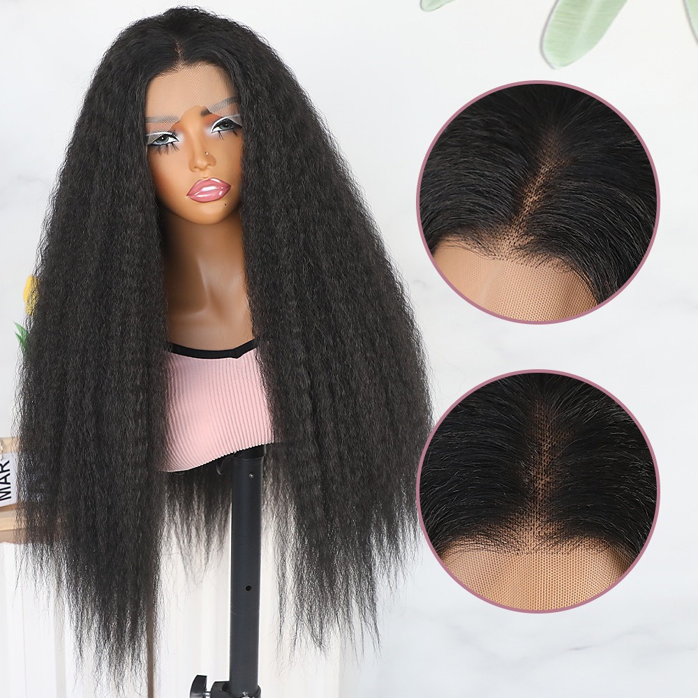 Long Natural Black Yaki Straight Lace Front Wigs Pre Plucked for Women Daily Use