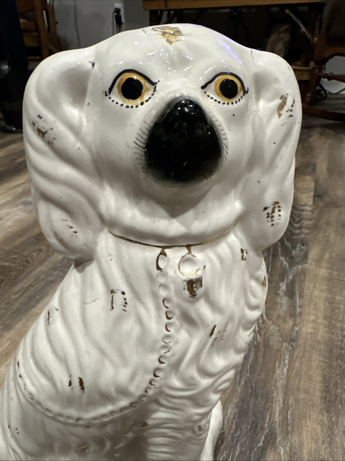 19thC STAFFORDSHIRE WHITE & GILT SEATED SPANIEL DOG Large 15 Inches Tall Rare