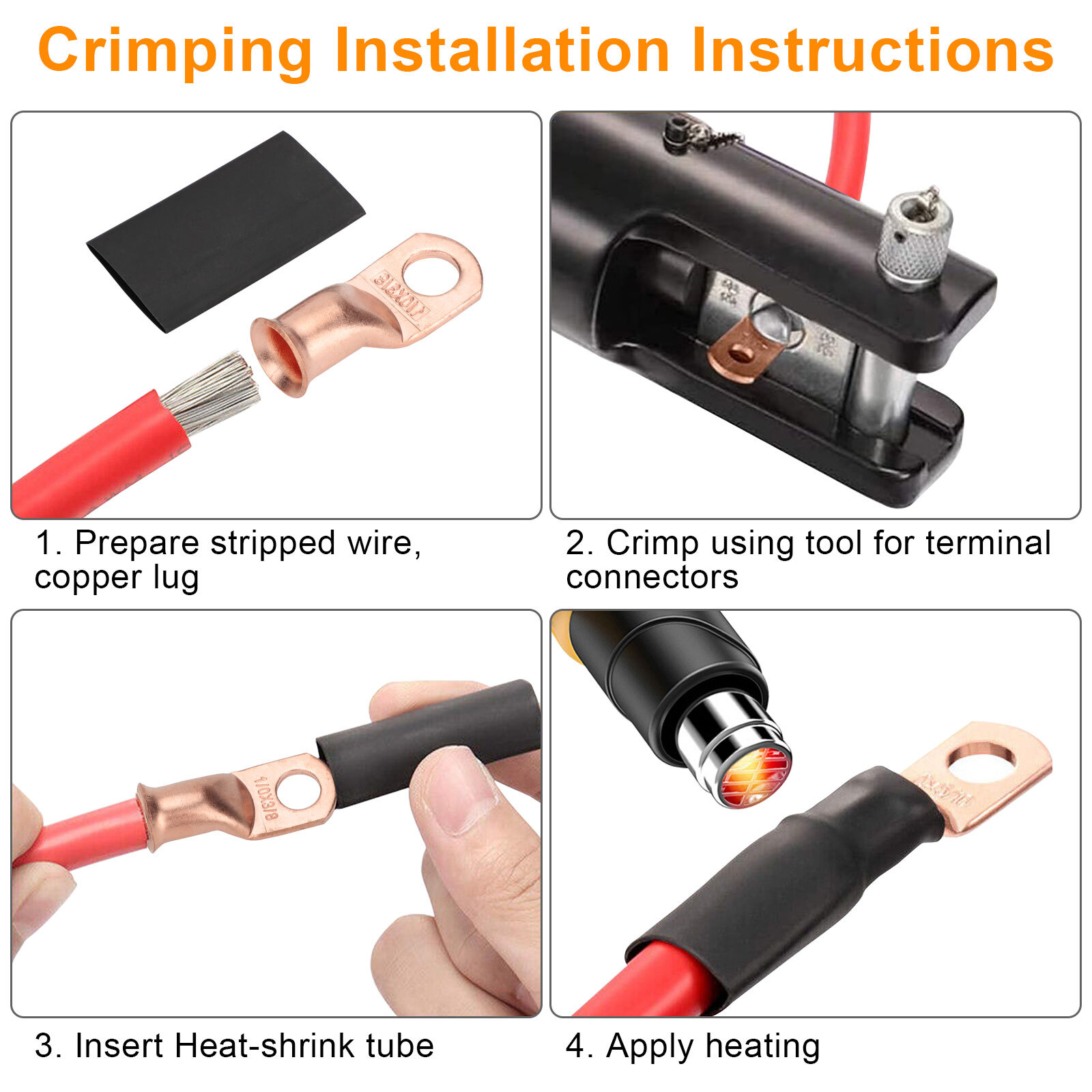 40 pcs 1/0 AWG Gauge Copper Lugs w/RED & BLACK Heat Shrink Ring Terminals Set US