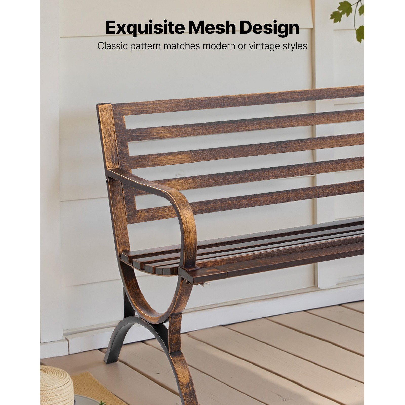 Outdoor Bench Patio Bench 50 inch Metal Frame Slatted Backrest for Porch