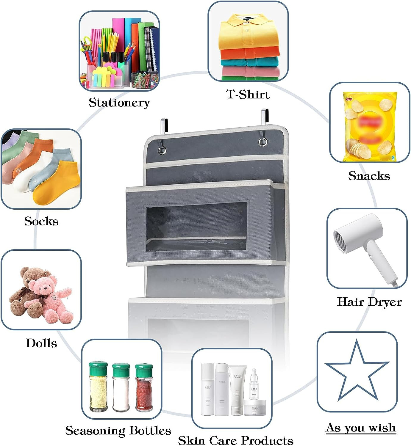 HBN 5-Shelf Over The Door Hanging Organizer with 2 Metal Hooks, Door Wall Mount