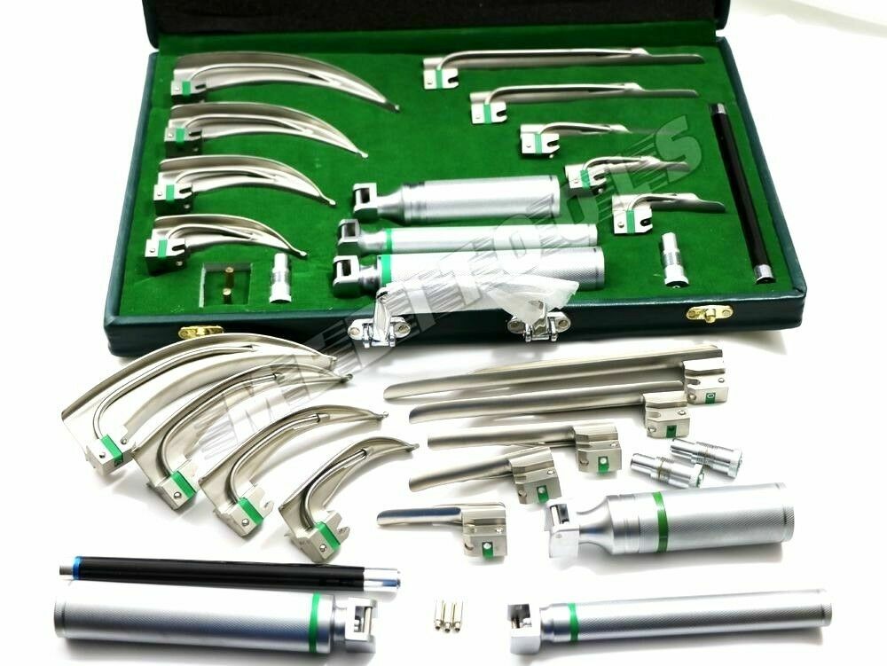 FIBER OPTIC LARYNGOSCOPE MAC + MILLER SET OF 18 EA ! EMT Anesthesia Intubation