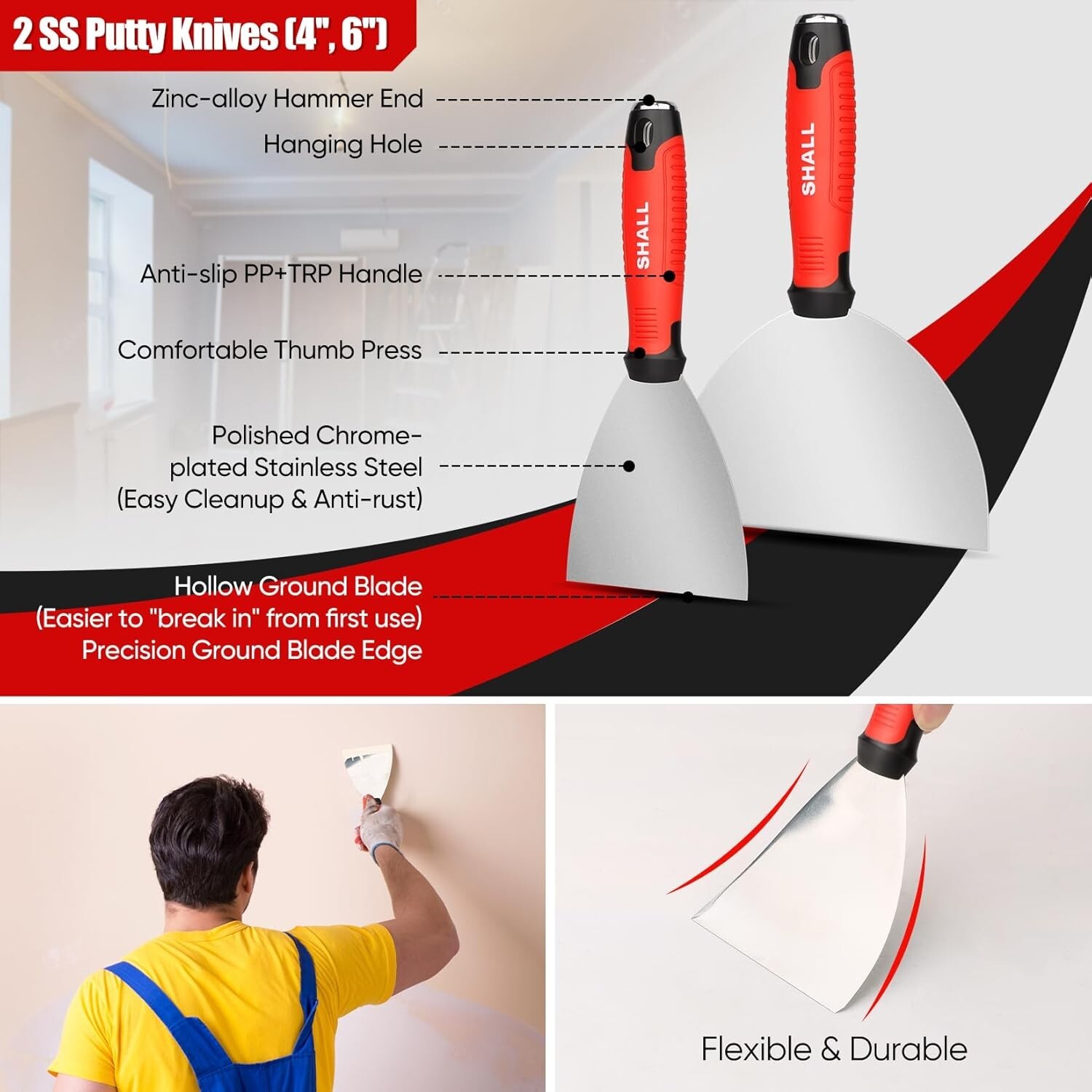 SHALL Drywall Knife Set, 7 Pcs Stainless Steel Drywall Hand Tool Kit